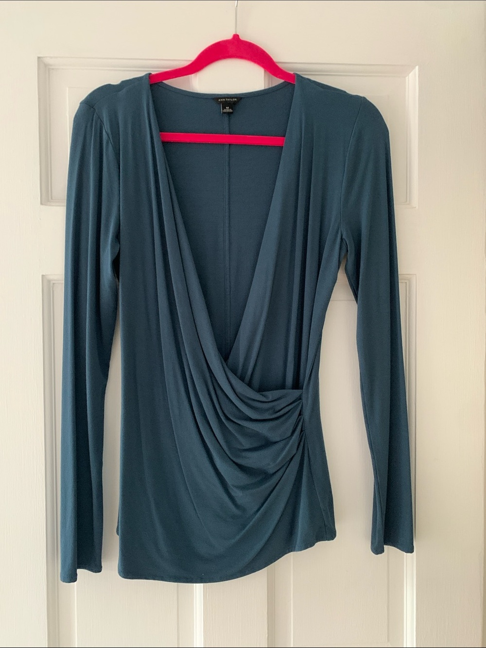 Anne Taylor Deep Teal Draped V-Neck Long Sleeve Top- size M